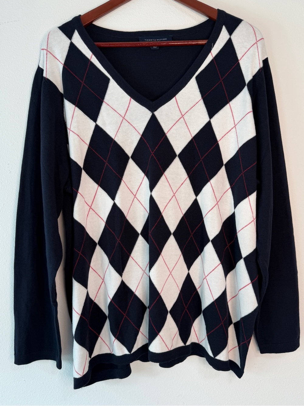 Tommy Hilfiger Argyle Vneck Sweater Womens 2X Navy White Modern Preppy Ivy Chic